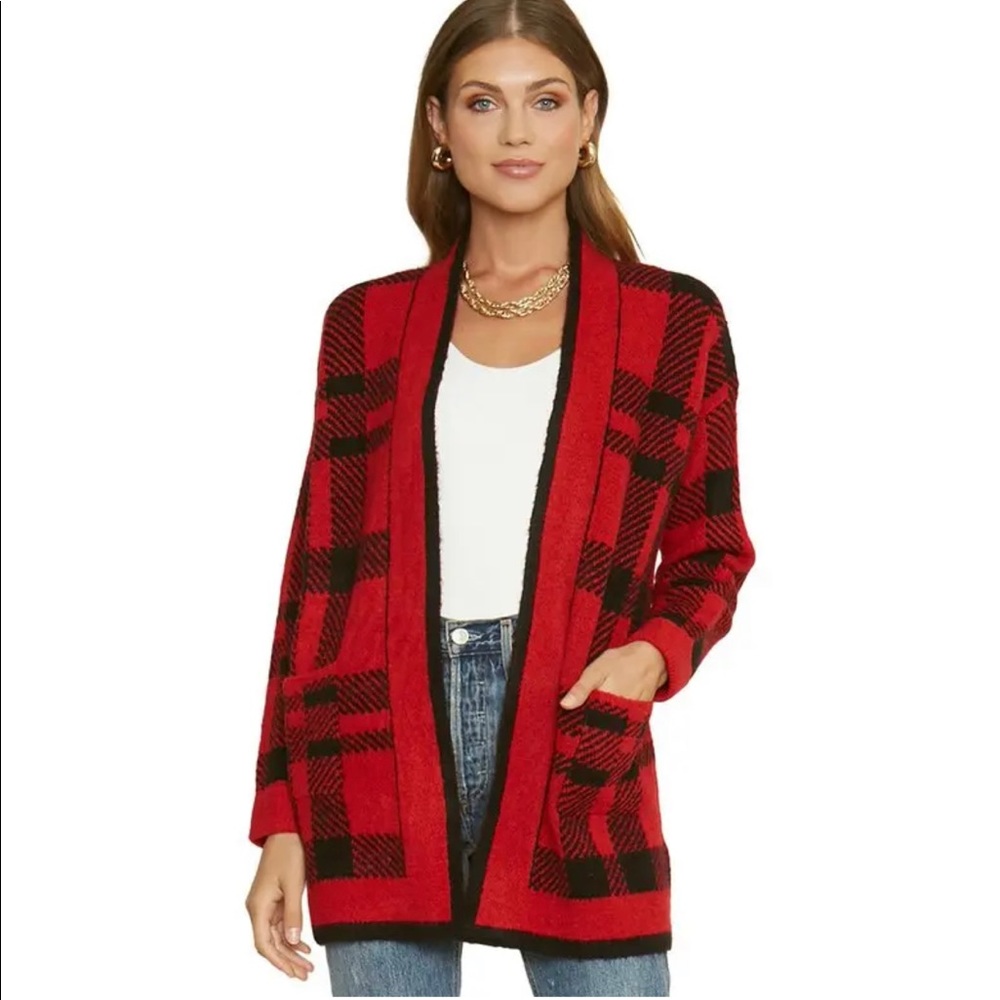 Women's Plaid Cardigan Sweater In Red